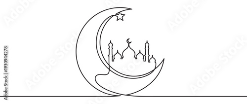 Continuous line drawing crescent moon star mosque architecture symbolizing Islamic faith and celebration of religious holidays.