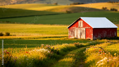 Red barn in a peaceful rural landscape with green fields and golden light