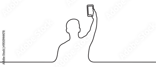 Person taking photo with smartphone, capturing a moment with modern mobile technology in a continuous line art style.