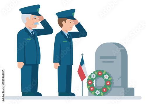 Two uniformed men salute a gravestone with a wreath and flag, paying tribute to fallen heroes and showing profound respect for their service.