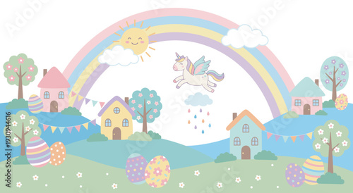 Cute flying unicorn happily soars above a charming pastel village filled with colorful Easter eggs and a beautiful rainbow.