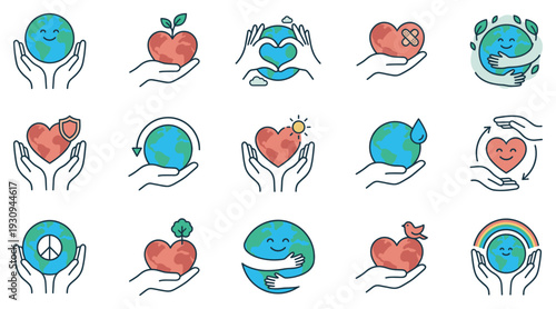 Comprehensive collection of environmental protection icons featuring hands holding the Earth and hearts with various symbols of care, nature, and sustainability.