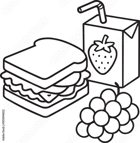 Vector illustration of a set of fruit and berries icons featuring sweet jam jars, juice bottles, and breakfast meal elements like milk and coffee in a cartoon design