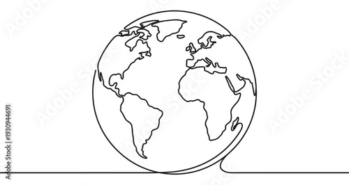 The planet Earth globe drawn with a single continuous line art style, symbolizing global unity, environmental care, and interconnectedness.