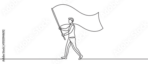 Person holding a large flag walks forward in a continuous line art drawing representing leadership and progress.