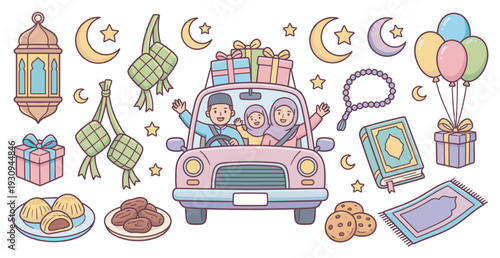 Collection of Islamic holiday elements and a happy family enjoying the festive celebration with gifts and traditional food.