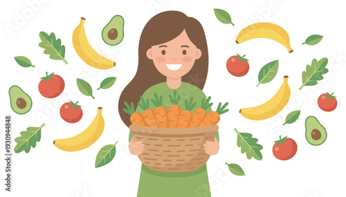 Smiling cartoon woman holding a basket of fresh carrots surrounded by healthy fruits and vegetables in a vibrant illustration.