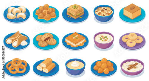 Delightful collection of traditional Middle Eastern desserts and sweet pastries beautifully arranged for a festive occasion.