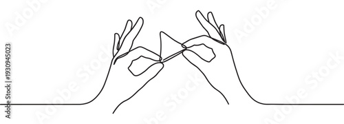 Two hands continuous line drawing holding triangular object with delicate fingers, symbolizing connection, precision, and creativity.