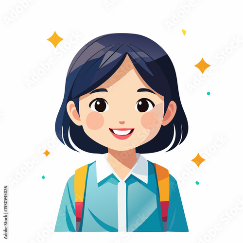 Cheerful Cartoon Young Girl with Dark Hair in Blue Shirt, Vibrant Illustration