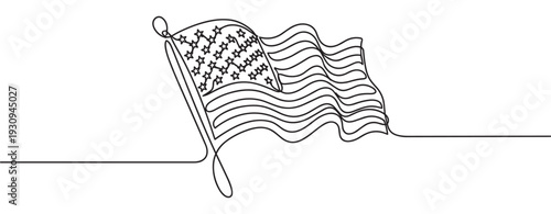 American flag continuous line drawing waving proudly in the wind, representing freedom and patriotism with a minimalist artistic style.
