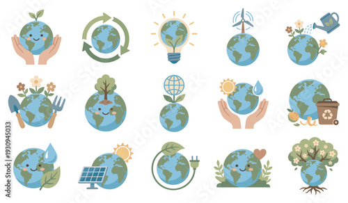 Earth environmental care and sustainability icons depict various ecological protection and green living concepts.