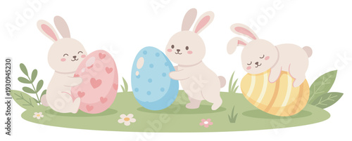 Three adorable cartoon bunnies with colorful Easter eggs are celebrating springtime on a vibrant grassy patch adorned with small flowers.
