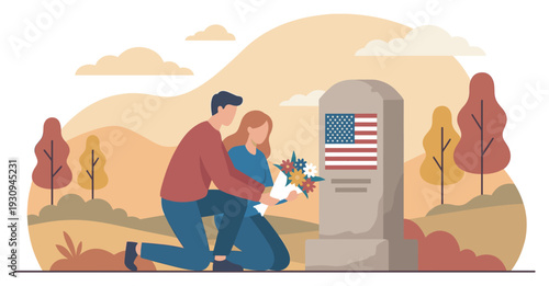 Couple honoring fallen hero at military tombstone, placing flowers to remember sacrifice and service on a solemn day.