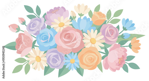 Beautiful pastel floral bouquet arrangement with various blooming flowers and green leaves creating a charming decorative element.