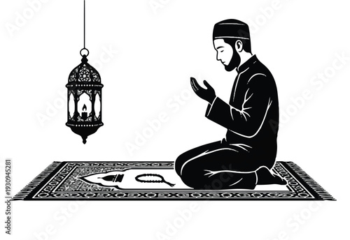 Peaceful Silhouette of Man Praying on Janamaz with Raised Hands for Dua, Islamic Vector Art