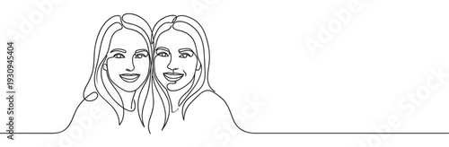 Two smiling women's faces are beautifully depicted in a continuous line art style, symbolizing friendship, connection, and happiness.