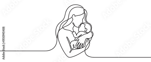 Mother holding baby in a minimalist continuous line art style, representing maternal love and family connection.