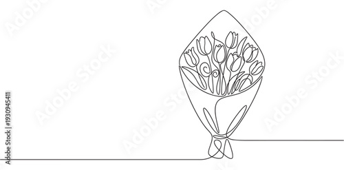 Artistic continuous line drawing of a fresh tulip bouquet, elegantly wrapped and presented as a thoughtful gift for any special occasion.