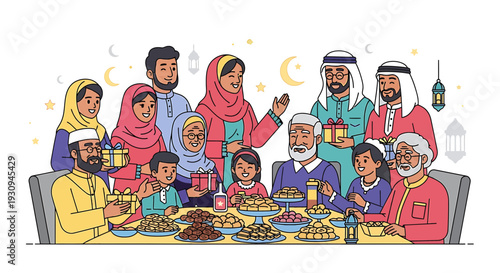 Vector illustration of multicultural family gathering for Ramadan iftar