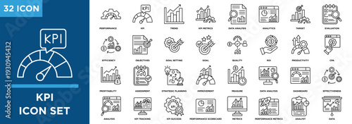 KPI icon set with business analytics, dashboard metrics, strategy, ROI, growth, and finance concepts. Clean line vector for web and corporate use.