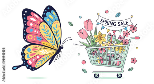 Vector illustration of colorful butterfly and shopping cart with flowers and spring sale banner