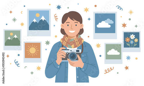 Smiling photographer holding camera surrounded by instant photo prints of beautiful nature scenes and cherished memories.