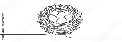Continuous line drawing bird's nest with five eggs representing new life and growth in a minimalist artistic style.