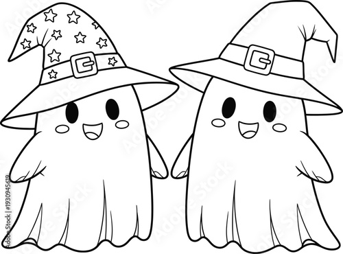 Two smiling ghosts wearing witch hats