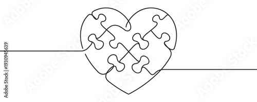Continuous line drawing heart puzzle pieces forming a symbol of love, connection, and problem-solving on a clean surface.