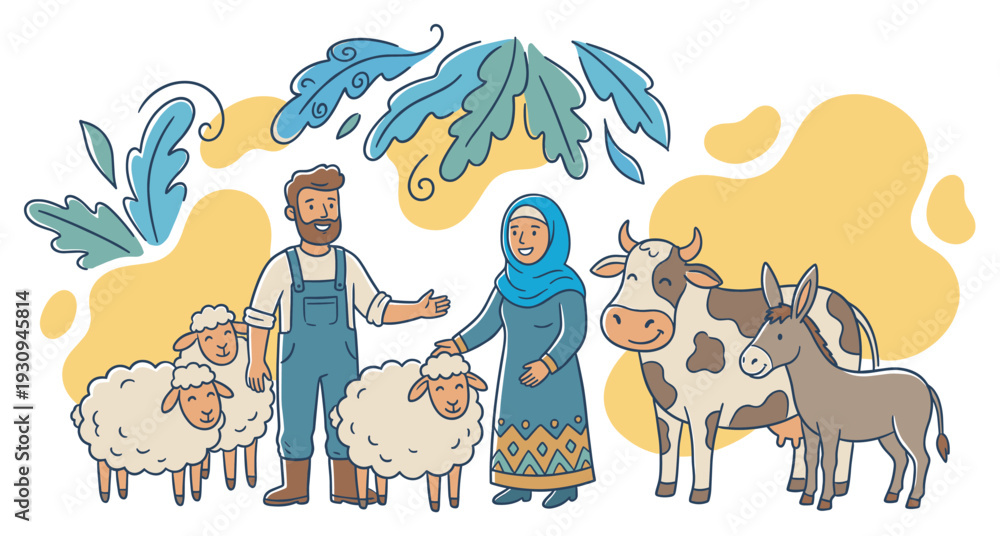 Naklejka premium Farmer and woman with happy farm animals standing together in a friendly cartoon illustration, depicting a diverse agricultural community.