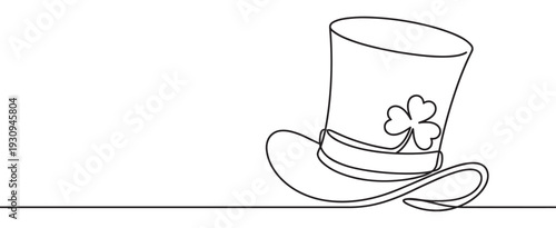 Continuous line drawing top hat with shamrock is a minimalist illustration representing Irish culture and good luck for St. Patrick's Day.