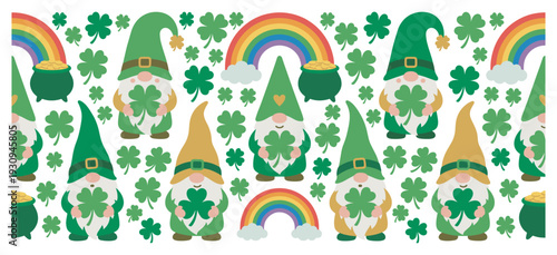 Cute St. Patrick's Day gnomes holding shamrocks and rainbows with pots of gold create a festive and charming holiday pattern.