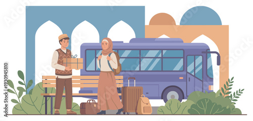 Muslim couple waiting for bus with luggage at a public transport station, preparing for their journey or travel.