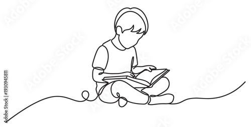 Young boy reading a book in continuous line art style, symbolizing education, learning, and childhood development.