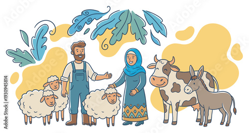 Farmer and woman with happy farm animals standing together in a friendly cartoon illustration, depicting a diverse agricultural community.