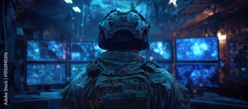 Strategic Operations: Soldier Analyzing Cyber Warfare Tactics in a High-Tech Control Room