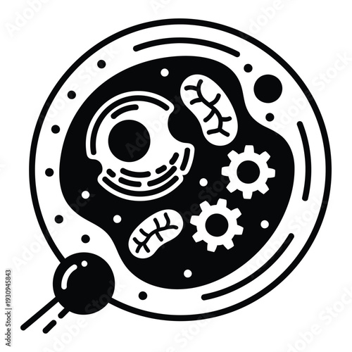 A black and white illustration of a cell with various organelles and gears inside