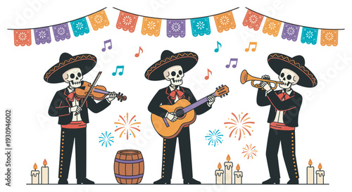 Three skeleton mariachi musicians play traditional music at a vibrant celebration featuring colorful papel picado banners and lit candles.