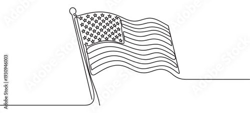 American flag continuous line drawing illustration waving proudly representing national identity, freedom, and patriotism for the United States.