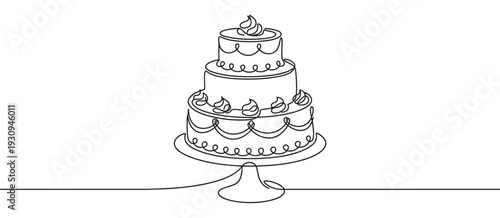 Three-tiered celebration cake drawn in continuous line art style with elegant frosting details on a stand, perfect for events.