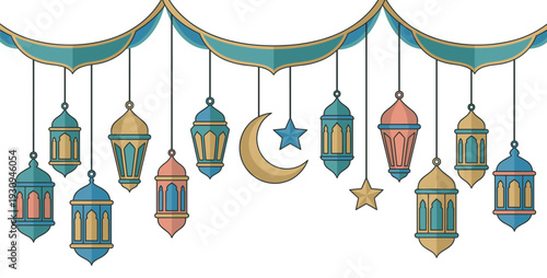 Islamic lanterns, crescent moon, and stars create a beautiful decorative border for festive holiday celebrations and religious events.