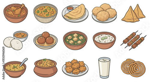 Delicious traditional Indian food dishes collection featuring various meals and popular snacks from the subcontinent.