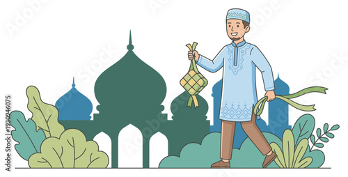 Smiling Muslim man holding traditional ketupat and palm leaves, walking cheerfully with mosque silhouettes and green plants.