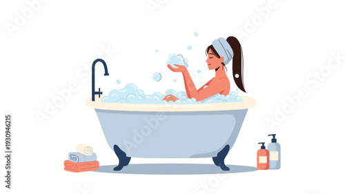 Relaxing scene of a young woman with a hair towel taking a luxurious bubble bath in a vintage clawfoot tub with spa accessories nearby.