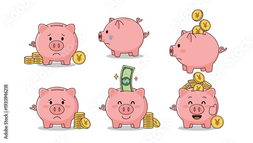 Collection of pink piggy bank character illustrations showing different emotions and amounts of savings with coins and dollar bills.