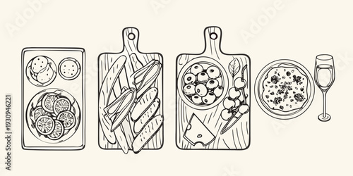 Line art illustration of various food arrangements on wooden cutting boards