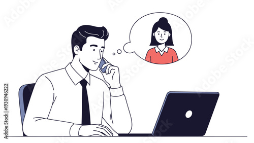 Businessman working at his laptop while talking on a smartphone and thinking about a female colleague or partner in a speech bubble.