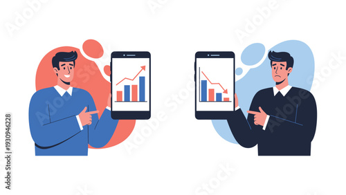Successful man pointing to a growth graph on one phone while looking concerned at an investment loss graph on another phone screen.