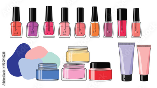 Colorful illustration of beauty and makeup items featuring nail polish, face creams, skincare tubes, and various abstract organic shapes.